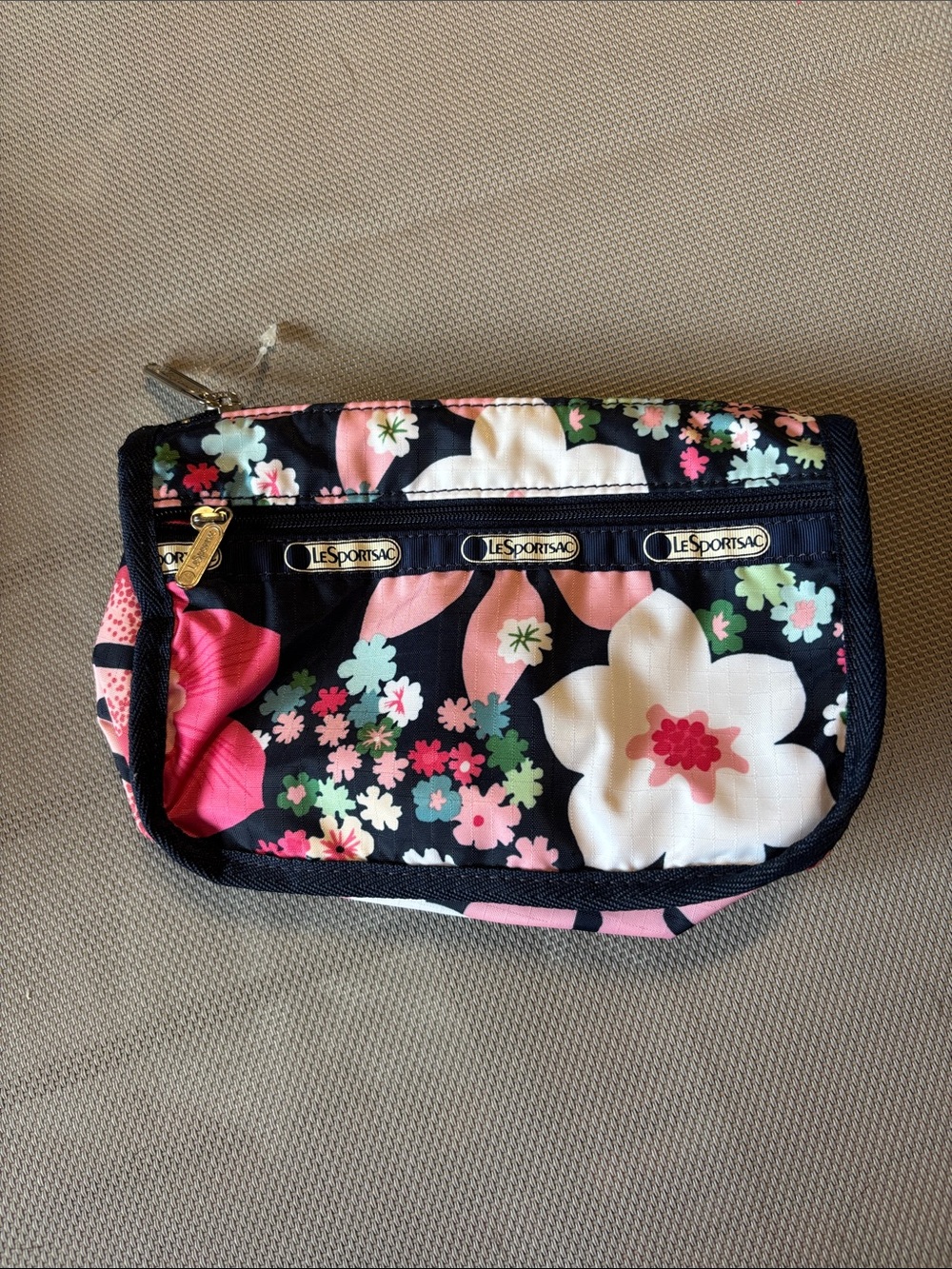 LeSportsac Black Floral Cosmetic Pouch with Pink and Mint Accents